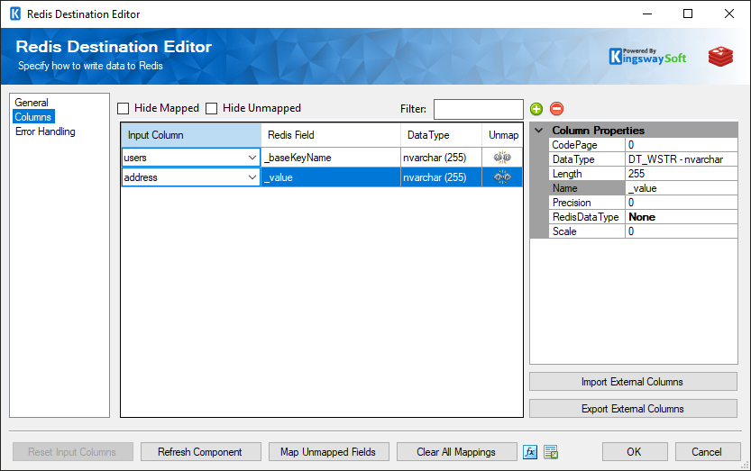 Redis Destination Component - Columns Page